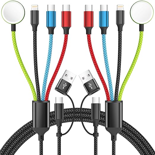 Travel Essentials Apple Watch Charger, 4 in 2 Multi Charging Cable with Dual Type-C, USB A/C Travel Charger for Multiple Devices for iWatch Ultra/SE/10-2, iPhone 17-11, Galaxy S25-21, iPad (2PACK 5FT)