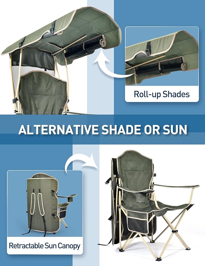 Beach Chair with Canopy Shade, Folding Camping Chair with Canopy with Cup Holder, Side Pocket for Camp, Beach, Tailgates, Fishing - Support 330 LBS