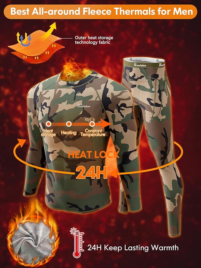romision Thermal Underwear for Men Long Johns Fleece Lined Hunting Gear Bottom Top Set Base Layer for Cold Weather Gift