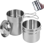 Foldable Camping Cups Mugs Camping Pot Cookware 304-Food-Grade Outdoor Camp Cooking Set with Vented lid,Stainless Steel Backpacking Cookware for Hunting