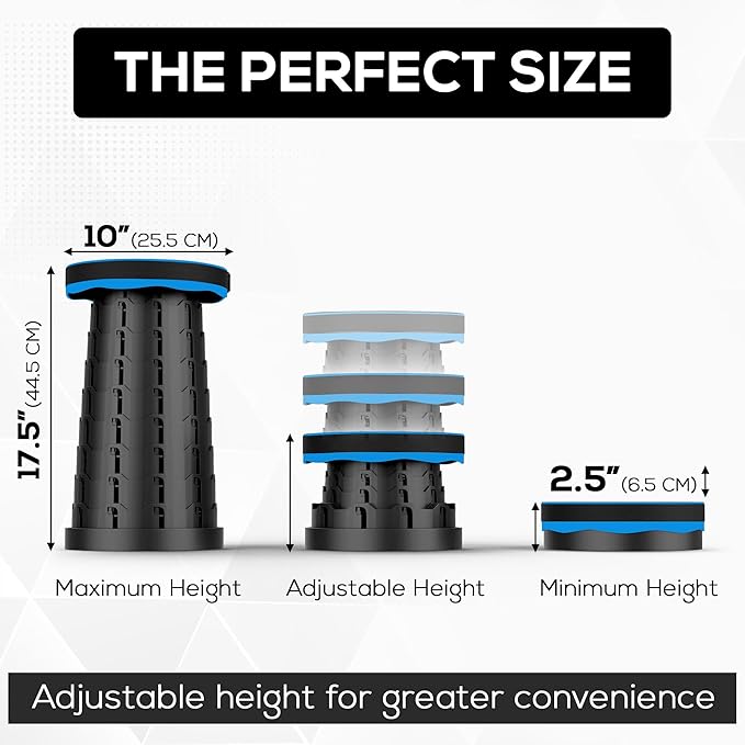 NEW IMPROVED PLASTIC MATERIAL QUALITY BLUE Collapsible Stool - Durable, Foldable, Adjustable Collapsible Seat for Outdoors, Camping, Home - Strong, Safe, Compact Portable - Versatile Telescopic Stool