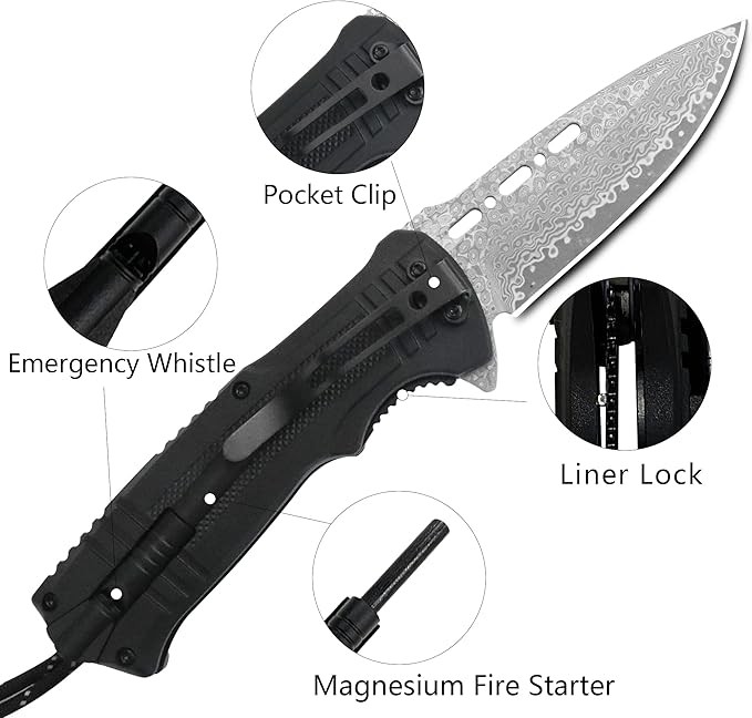 XIPHIAS EDC Tactical Damascus Folding Pocket Knife - 6-in-1 Survival Multitool with LED Light, Magnesium Fire Starter, Whistle, Paracord & Pocket Clip - (Black) - XK039DA-Black