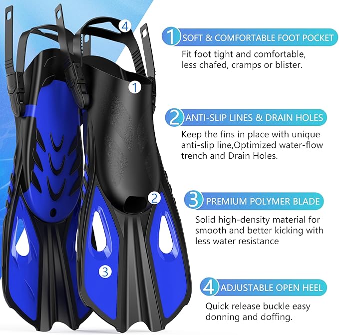 Snorkeling Gear for Adults Men Women, 3 in 1 Snorkel Set with Panoramic View Diving Mask Anti-Fog Anti-Leak, Snorkel Mask Dry Top Snorkel Fins for Swimming, Snorkeling and Travel Diving