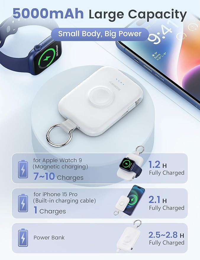 RORRY CharmGo Portable Charger, 5000mAh Portable Charger Power Bank with Built-in Cables, Travel Keychain Battery Pack for Apple Watch and iPhone Air/17/16/15/14/13/12, White
