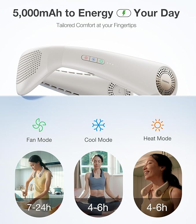 TORRAS COOLiFY Air Neck Fan Air Conditioner, 3D Airflow, Light Portable Fan Rechargeable, Personal Cooling Fan Travel Essentials, Work, Travel, Camping, White