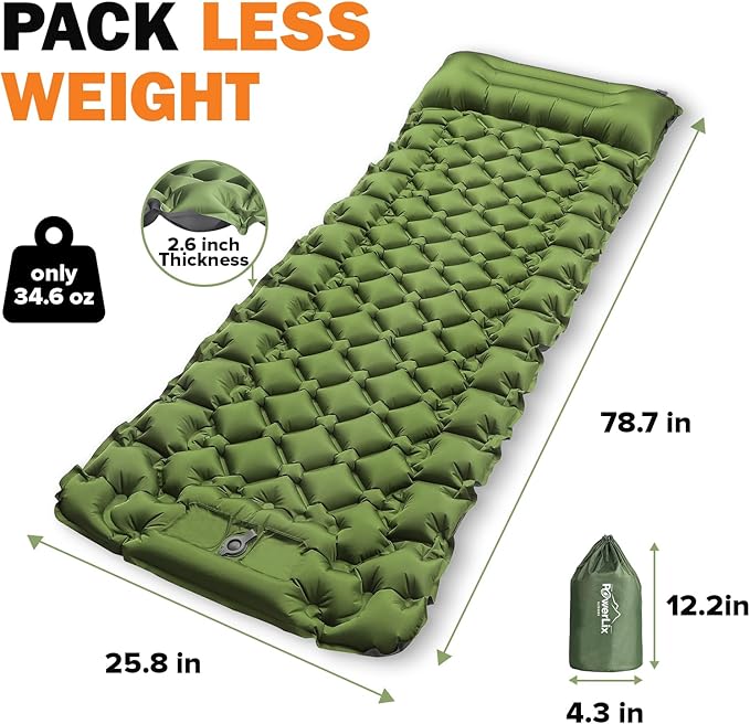 POWERLIX Camping Sleeping Pad with Built in Pillow, Ultralight Camping Mattress Airpad for Outdoor Backpacking Hiking Travelling, Compact Self Inflating Camping Mat, Foot Pump to Inflate