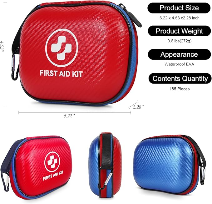 Small First Aid Kit - 185 Pieces Waterproof Emergency Kit for Home, Car, Office, Travel, Camping, Hiking & Outdoor - Portable Hard Case Survival Kit with Premium Supplies(Blue/Red)