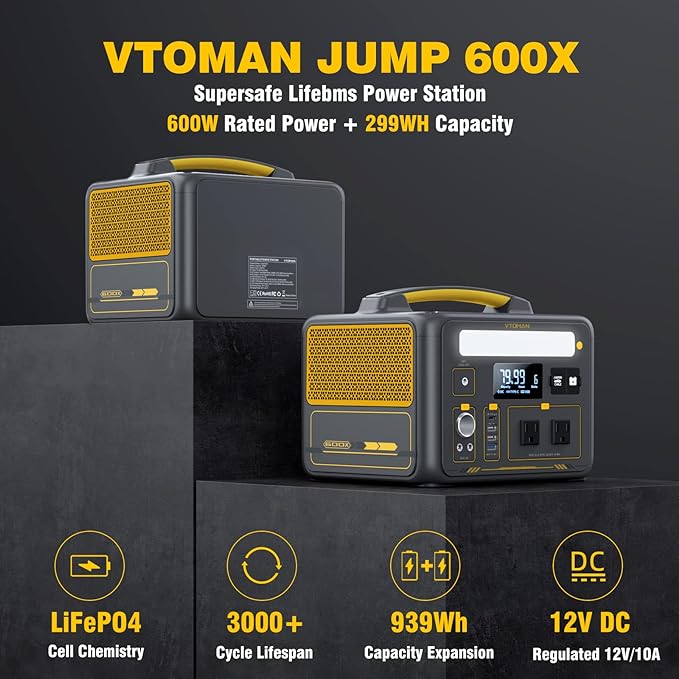 VTOMAN Jump 600X Portable Power Station with 110W Solar Panel, 600W/299Wh LiFePO4 Battery Solar Generator with 600W Constant-Power, PD 60W Type-C, Capacity Expandable 939Wh for Camping, Home Backup