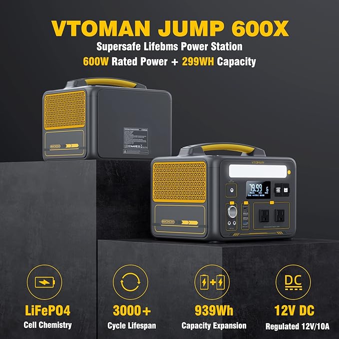 VTOMAN Jump 600X Portable Power Station with Extra Battery, 600W/939Wh LiFePO4 Battery Solar Power Station with 600W Constant-Power, Regulated 12V DC, PD 60W USB-C for Camping, Off-grid, Home Backup