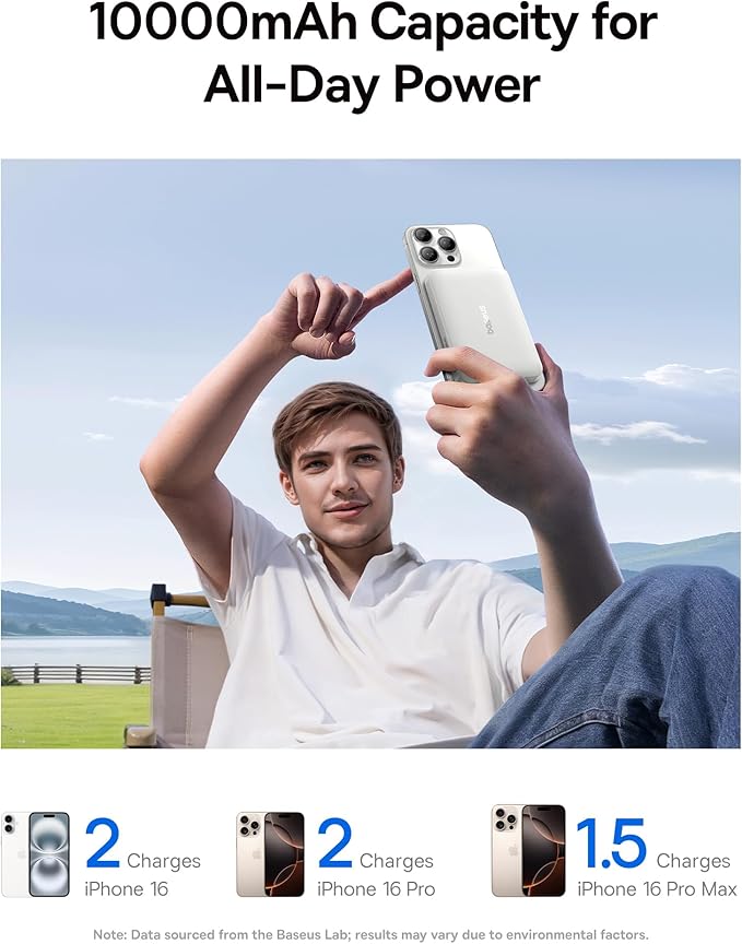 Baseus for MagSafe Portable Charger, Qi2 Certified 15W Wireless Magnetic Power Bank 10000mAh with USB-C Cable 22.5W PD Charging, Battery Pack Compatible with iPhone 17/16/15/14/13 Pro/Pro Max Series