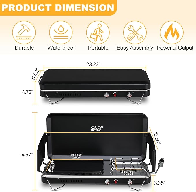 Bonnlo 2-in-1 Camping Stove with Propane Griddle, 15000 BTU Portable Gas Stove with Auto-Ignition, Foldable Windshield & Carry Handle, Camp Stove for Outdoor Cooking, BBQ, Frying, Camping, Tailgating