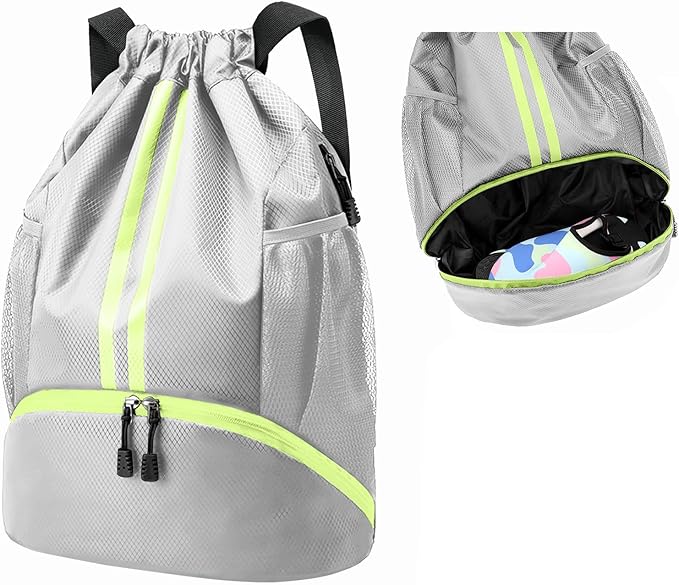 Hoedia Sports Drawstring Backpack - String Swim Gym Bag with Shoes Compartment and Wet Proof Pocket for Women and Men