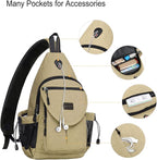 MOSISO Sling Backpack,Canvas Crossbody Hiking Daypack Bag with Anti-theft Pocket, Khaki