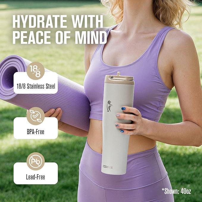 Coolflask Water Bottle 32 oz Fits Car Cup Holder, Slim Tumbler Stainless Steel with Straw & Handle, Vacuum Flask Leakproof Wide Mouth for Travel Sports Gym, Cream White