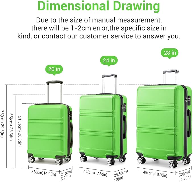 Kono Luggage Set 4 Piece Carry On Hardside Luggage with TSA Lock Spinner Wheels Carry On Suitcase Apple Green