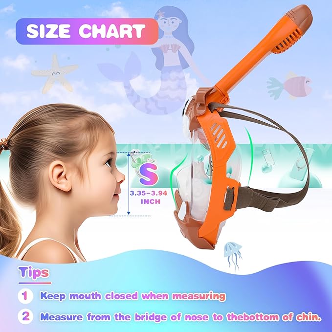 Full Face Snorkel Mask for Kids 4-16, 180 Degree Panoramic View Snorkeling Set Anti-Fog Anti-Leak, Foldable Dry Top Snorkeling Gear for Kids