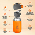 ENERGIFY Vacuum Insulated Food Jar. Large 24oz Bowl incl. Folding Spoon, Cup. Wide Mouth Keep Hot & Cold Drinks Soup Lunch Container for Adults. BPA-Free Stainless Steel, Leak Proof Orange