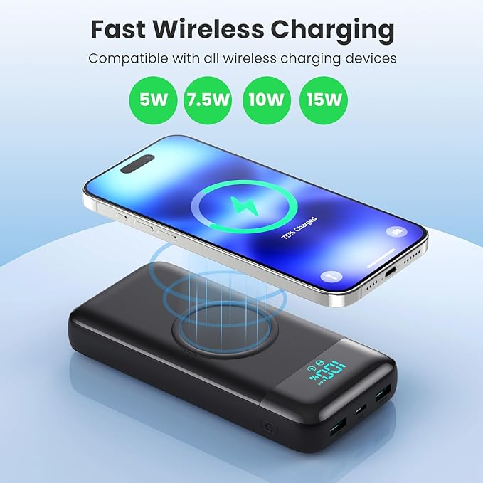Wireless Portable Charger 40800mAh with 3 Built-in Cables,7-in-1 15W Wireless Charging Power Bank,25W PD QC 4.0 Fast Charging USB C LCD Display Battery Pack for iPhone 16/15/13/12,Samsung,Android etc
