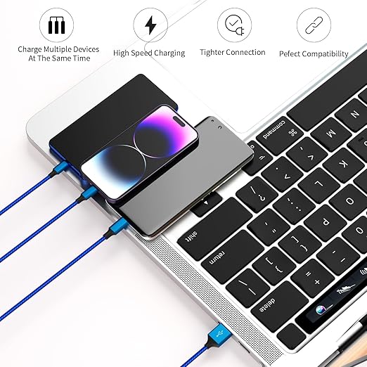 Multi Charging Cable(2Pack 4FT), Nylon Braided 3 in 1 Universal Phone Charger Fast Charging with Type-C/Micro USB and IP Port, Compatible with Most Cell Phones（Blue）