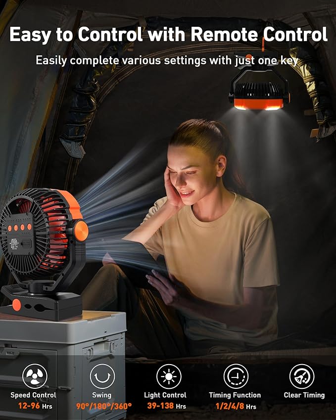 DUKUSEEK Clip Fan with LED Lantern, 20000mAh Rechargeable Clamp Fan, 360° Rotation USB Personal Fans with Hanging Hook, 9in Portable Camping Fan for Bed, Car, Bedroom, Outdoor