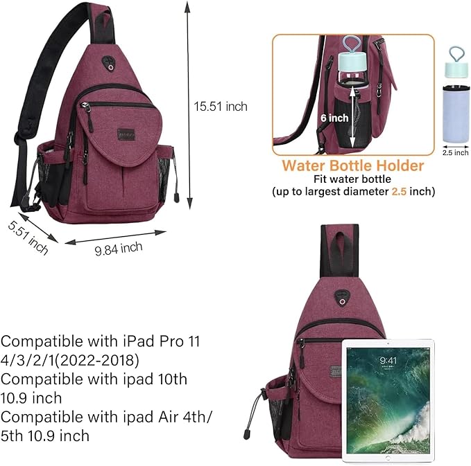 MOSISO Sling Backpack,Canvas Crossbody Hiking Daypack Bag with Anti-theft Pocket, Wine Red