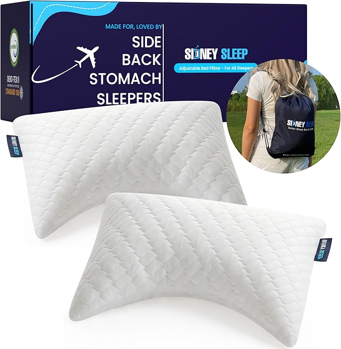 Sidney Sleep Set of 2 Mini Travel Size Neck Pillows - Knee Pillow - Back Lumbar Support - Curved Bed Pillow - 14 x 19 Inches - Adjustable Loft - Carry Backpack Included (White 2 Pack Mini)