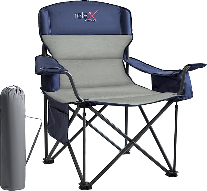 Oversized Folding Camping Chair, Heavy Duty Support 500LBS Outdoor Chair with Cup Holder Storage and Cooler Pouch, Collapsible Padded Arm Chair for Sports Garden Beach Fishing, Blue