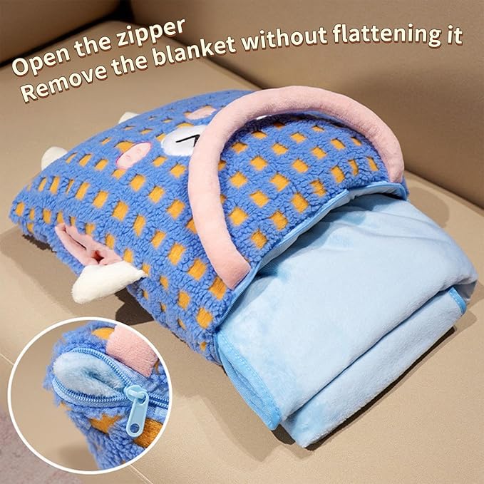 Plush Warm Hand Pillow with 67 * 59 Inch Compact Travel Blanket Warm Lambswool Pillow Portable 3 in 1 Combo Nap Pillow Blanket Plush Throw Pillow for Home Office（Yellow 15inch）