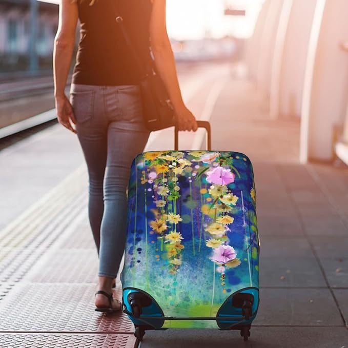 Travel Luggage Cover Suitcase Protector, Abstract Spring Flower Watercolor Washable Elastic Stretch Anti-scratch Baggage Cover with Concealed Zipper for Wheeled Suitcase Fits 25-28 Inch Luggage
