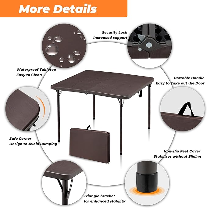 34" Camping Table, Portable Square Camping Card Table with Collapsible Legs & Carrying Handle, Plastic Tables for Outdoor Cooking,Camping,Picnic, Office, Party, Brown
