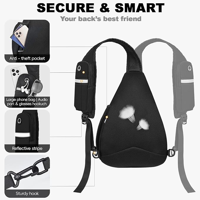 Seektop Crossbody Bag Anti-Theft RFID Blocking Waterproof 400D Nylon Lightweight Small Sling Backpack Shoulder Bags Chest Pack for Travel Hiking Outdoor Commuting Men Women Black