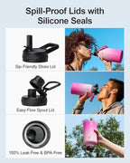 Half Gallon Water Bottle,64oz Insulated Water Bottle Stainless Steel Vacuum,Cold for 48 Hrs,BPA-Free & Leakproof -with Paracord Handle,Strap,Straw Spout Lids,Big Flask Jug for Gym Sports,Pink