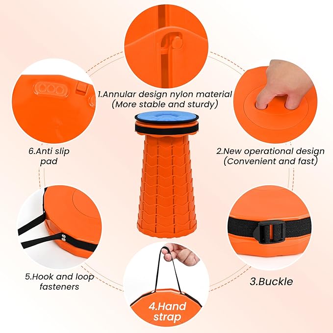 2 Pack Upgraded Collapsible Stool Folding Stool with Cushion,Retractable Folding Stool Max Load Capacity 400lbs, Portable Telescoping Stools for Camping Hiking Outdoor BBQ -Orange