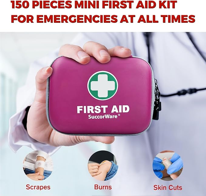150 Pieces Mini First Aid Kit - Small Medical Kit with Hard Shell - Emergency First Aid Kit for Car, Travel, Home, Outdoor, Office, Camping, Hiking (Purple)