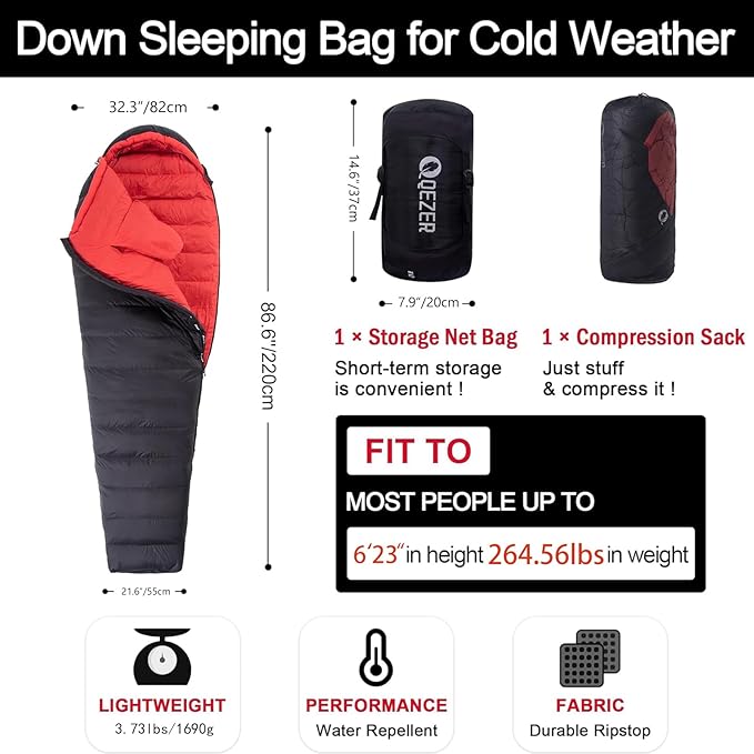 Ultralight Down Sleeping Bag for Adults with 600 Fill Power, Compact Sleeping Bag for Backpacking, Hiking and Camping