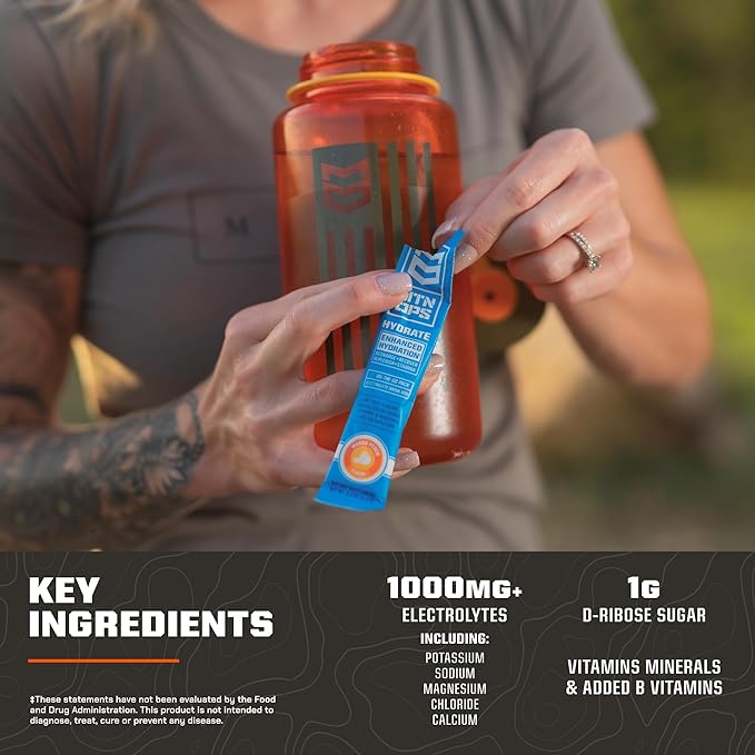 MTN OPS Hydrate Electrolytes Powder Drink Mix, 20 Single Serving On-The-Go Electrolyte Packs with Over 1000mg of Electrolytes per Serving, Mango Peach