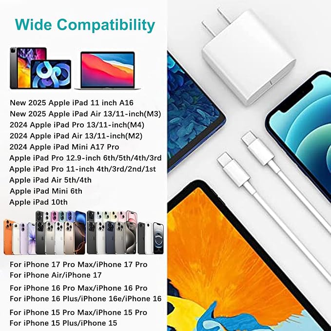 iPad Fast Charger,iPad Charger Fast Charging USB C Wall Chargers Block Plug Type C 6FT USB C to C Charging Cable Cord for iPad Pro 13/12.9/11 inch,iPad Air 6/5/4/M3/M2/A16,iPad Mini 6/7th,iPad 10/11th