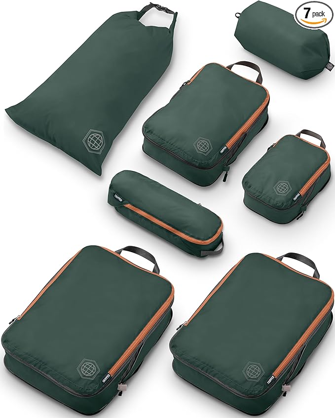 Large Compression Packing Cubes for Travel-Packing Cube Luggage Organizers 7 Piece Set for Checked Luggage-Ultralight, Expandable/Compression Bags by TRIPPED Travel Gear (Green and Brown)