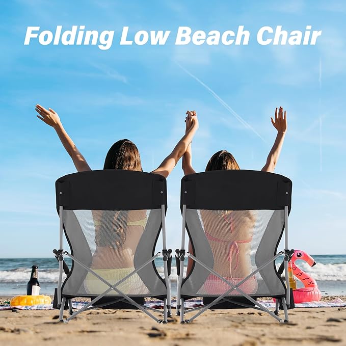 Homcosan Portable Low Folding Beach Chair - Lightweight Camping Chair for Adults with Cup Holder & Storage Pocket, Carry Bag Included (Black & Gray)