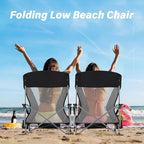 Homcosan Portable Low Folding Beach Chair - Lightweight Camping Chair for Adults with Cup Holder & Storage Pocket, Carry Bag Included (Black & Gray)