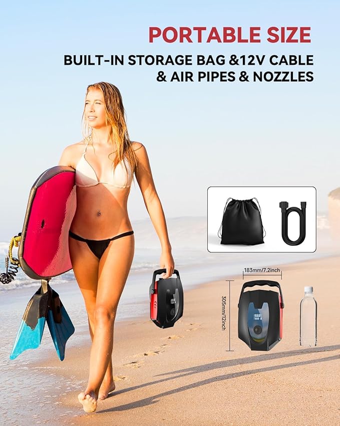 ZFOX 50PSI Paddle Board Pump, Portable Electric SUP Pump with Auto-Shutoff & Cooling Fan – Smart Inflation for Paddle Board, 9 Nozzles, HD LCD Display, 12V DC (Red-M)