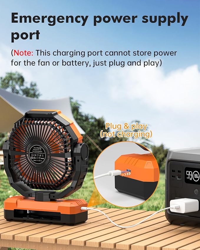 36000mAh Camping Fan - Detachable Rechargeable Battery Operated Fan with Light & Hook for Tent, Outdoor - USB Table Fan with 4 Speeds for Picnic, BBQ, Fishing, Travel, Hurricane