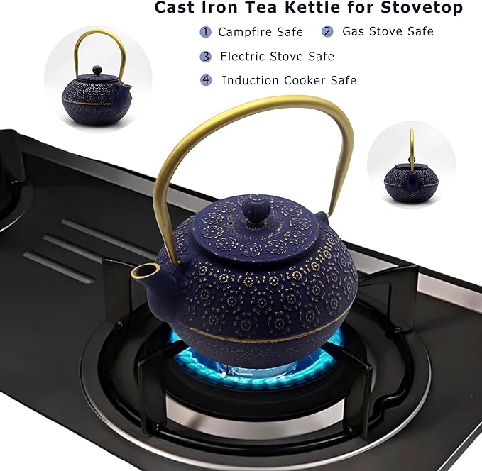 33.8oz Small Cast Iron Tea Kettle for Stovetop, Japanese Tetsubin Tea Pot Coated with Enameled Interior, Durable Cast Iron Teapot with Stainless Steel Infuser for Loose Tea and Tea Bags(1000ml)