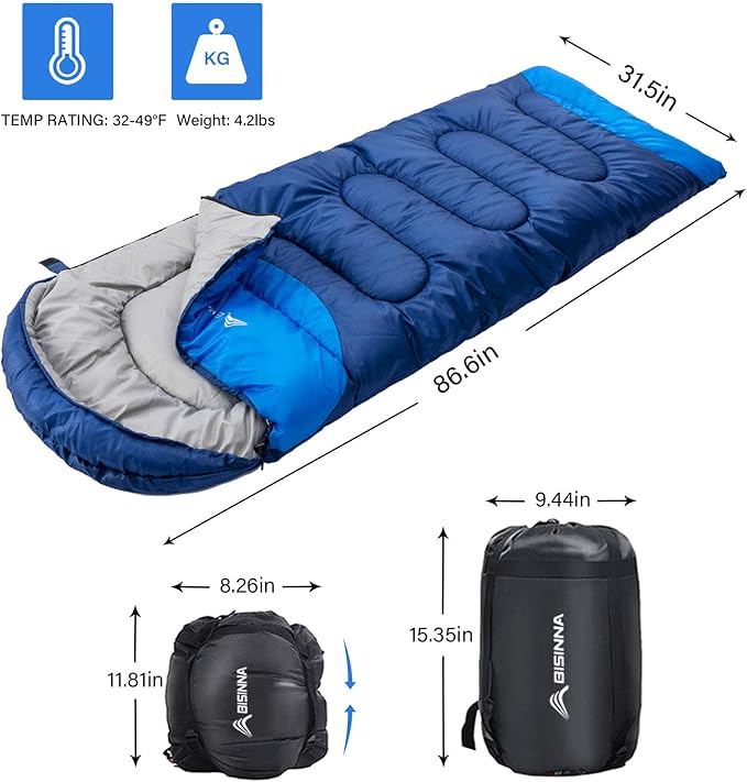 BISINNA Sleeping Bag with Pillow - 4 Season Backpacking Sleeping Bag Lightweight Waterproof Warm and Washable for Adults, Kids, Women, Men's Outdoors Camping, Hiking, Mountaineering