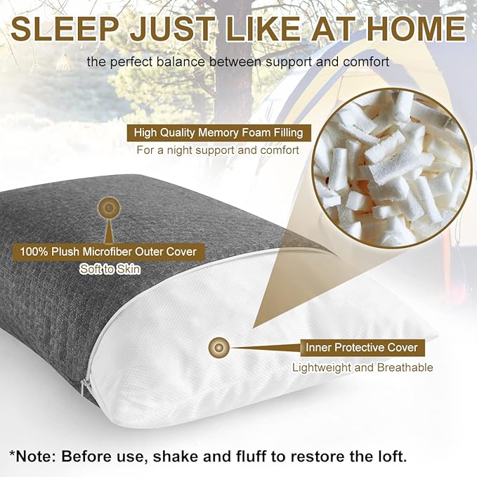 Ivellow Travel Pillow Camping Pillow for Sleeping Small Shredded Memory Foam Pillow Compressible Compact Medium Firm, Soft Breathable Cover,Supportive for Outdoor Car Backpacking Hiking Essential Gear