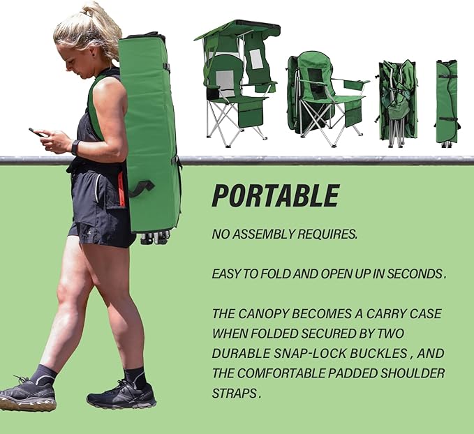 BDL Camping Chair with Canopy Shade Portable Folding Beach Chairs with Cooler, Mesh Backrest, Cup Holder, and Pocket for Camping, Fishing, Beach, and Sports,Green