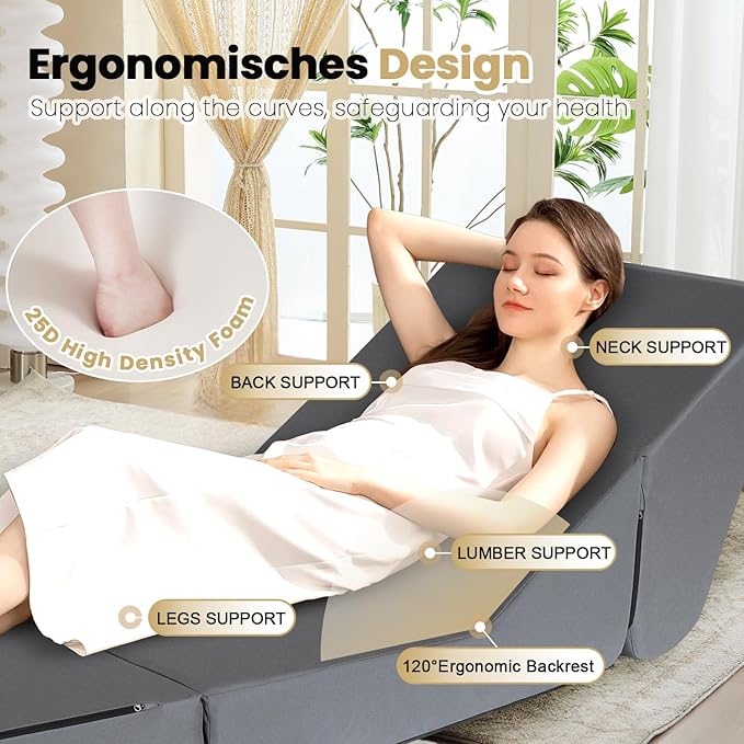 jela Outdoor Chaise Lounge, Waterproof Folding Sofa Bed Lounge Chair, UV Resistant Folding Lounge Chair with Machine Washable Cover, Soft Foam Patio Sofa Chairs Pool Lounge Chaise Chairs (Darkgrey)