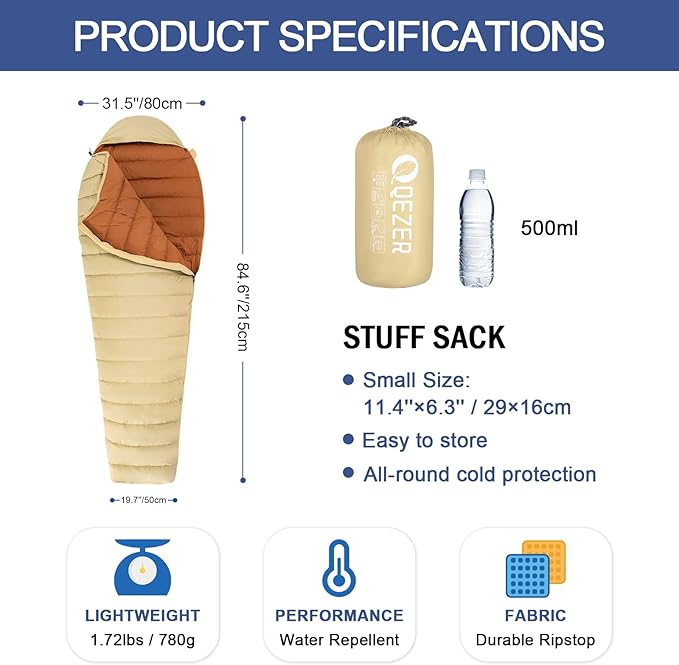 Ultralight Down Sleeping Bag for Adults with 600 Fill Power, Compact Sleeping Bag for Backpacking, Hiking and Camping