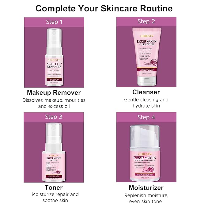 Skin Care Set ,4 Daily Snail Mucin Routine Skincare Kit, Gentle Cleanse, Purify, Soothe, Repair, Hydrating & Anti Aging Travel Facial Skincare for Women,Teen Girls,Beauty Gift Set for All Skin Types