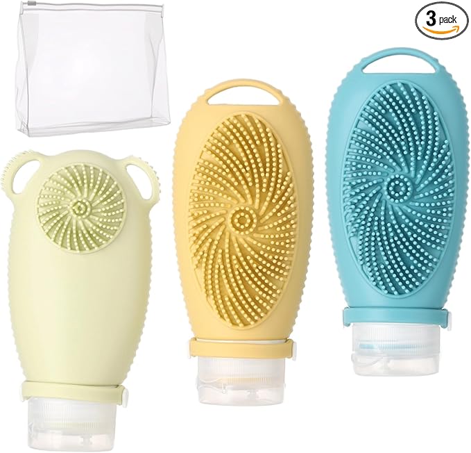 3 PCS Silicone Travel Bottles, 100 ml Leak-Proof Refillable Toiletry Containers with Massage Brush & PVC Zipper Bag, Squeezable Bottles for Shampoo, Body Wash & Facial Cleanser